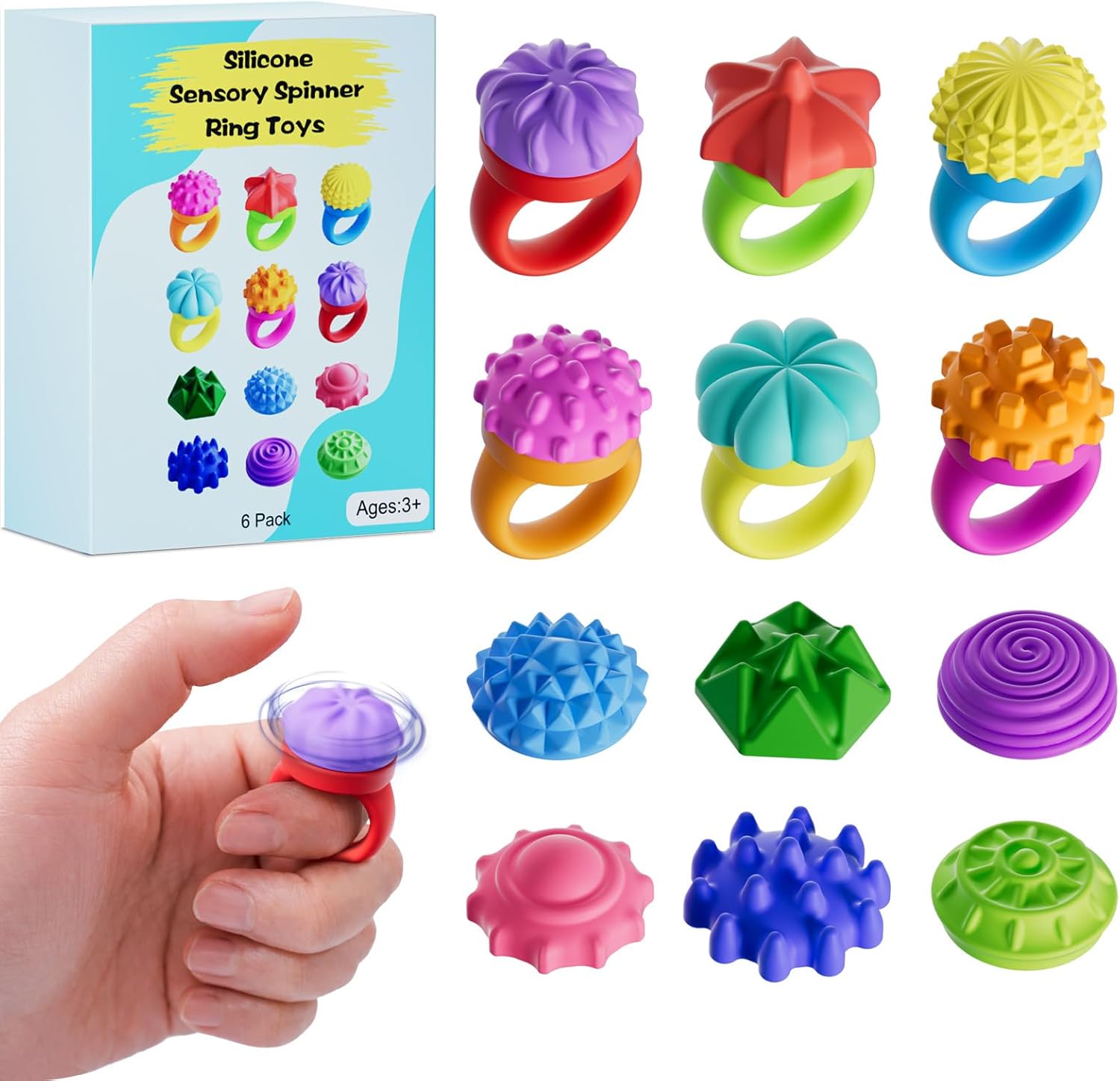 Mity Rain sensory spinner ring pack front view showing six colorful silicone fidget toys for anxiety relief.