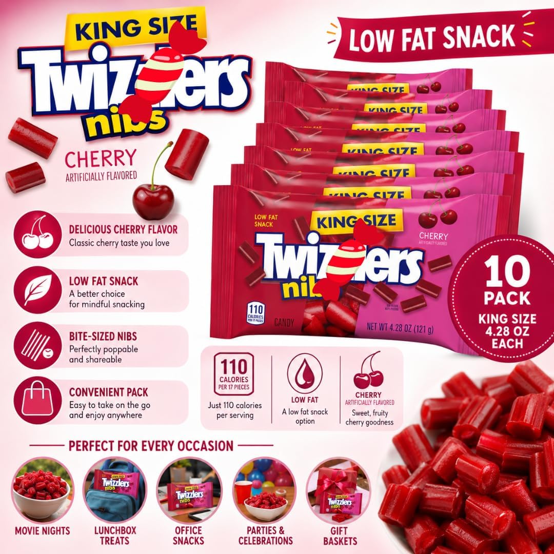 Back of the Munchique Twizzlers Cherry Nibs pack displaying nutritional facts.