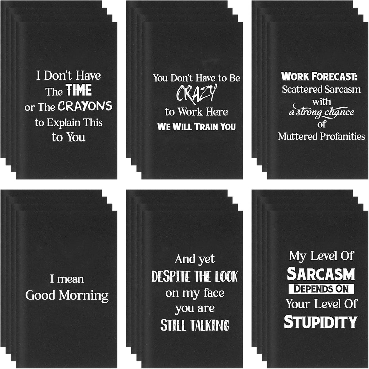 Yeaqee funny sarcastic notepads front view showing humorous office quotes on black background
