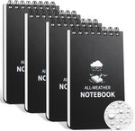 Juehuodaji waterproof notebook 4 pack front view showing the black PVC cover and top spiral binding.