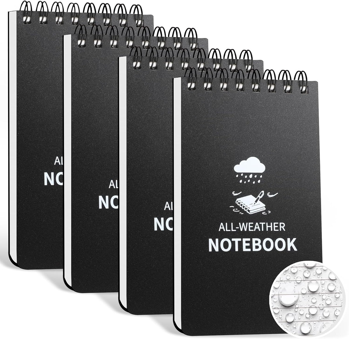 Juehuodaji waterproof notebook 4 pack front view showing the black PVC cover and top spiral binding.