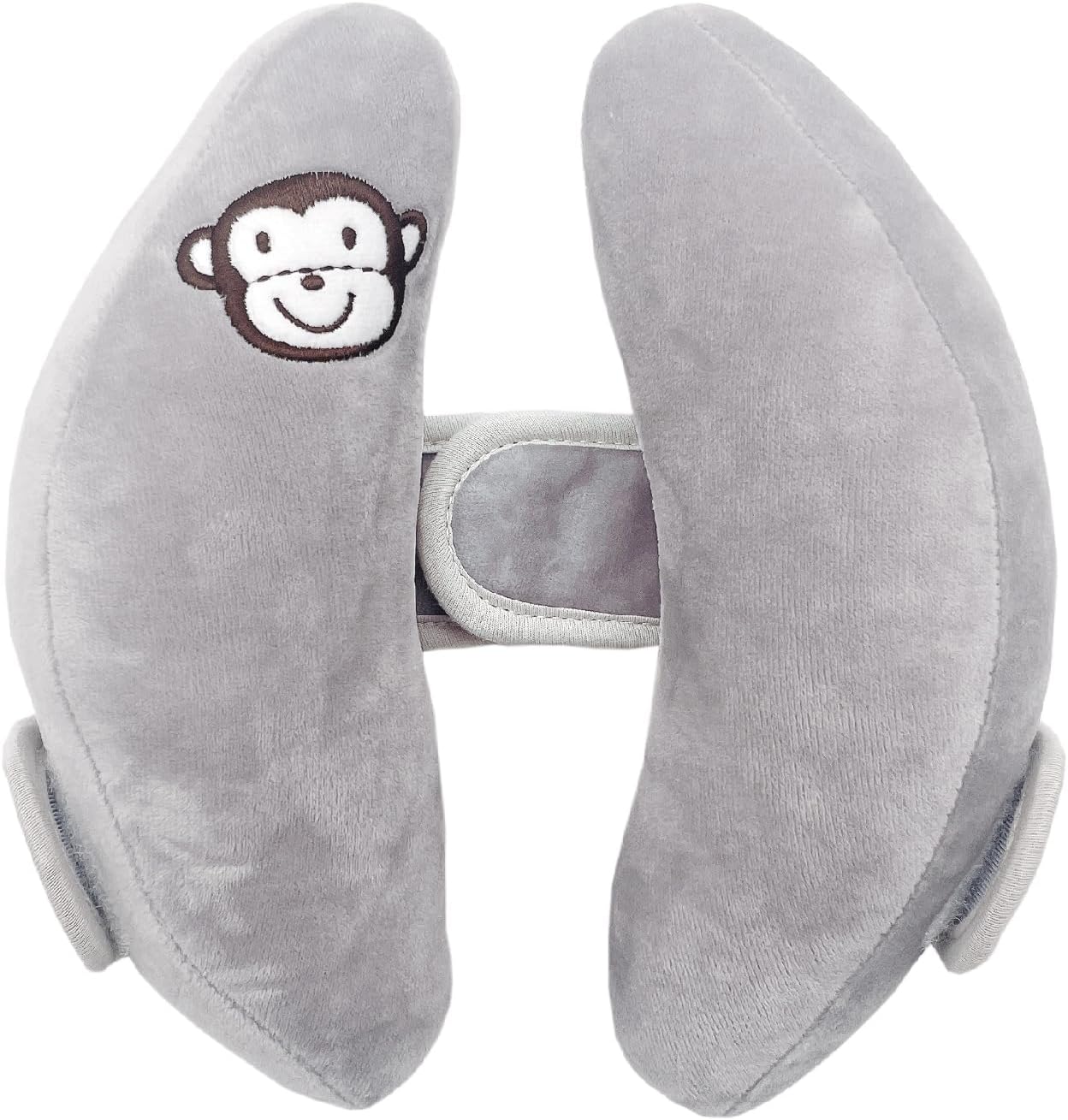 StoHua baby travel pillow front view in gray plush fabric showing adjustable central fastener.