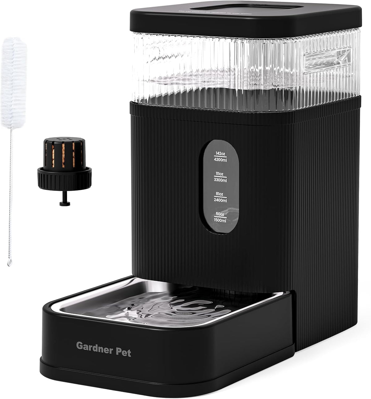Gardner Pet electricity free gravity waterer showing the Maifan stone filter cartridge placement.
