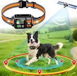 DJNFGQ GPS wireless dog fence system front view displaying the orange collar strap and digital receiver screen.