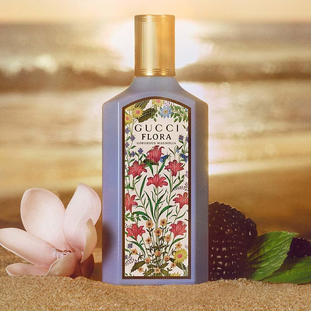 Gucci Flora Gorgeous Magnolia label and floral pattern detail