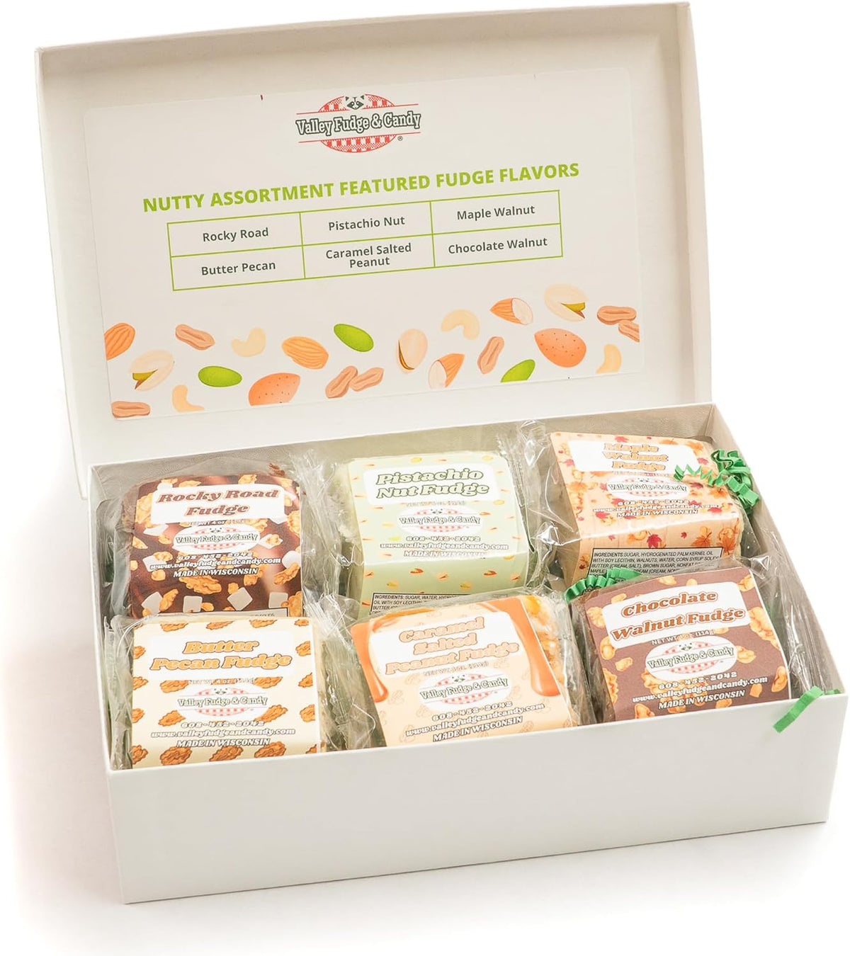 Gourmet chocolate walnut and butter pecan fudge varieties close up view