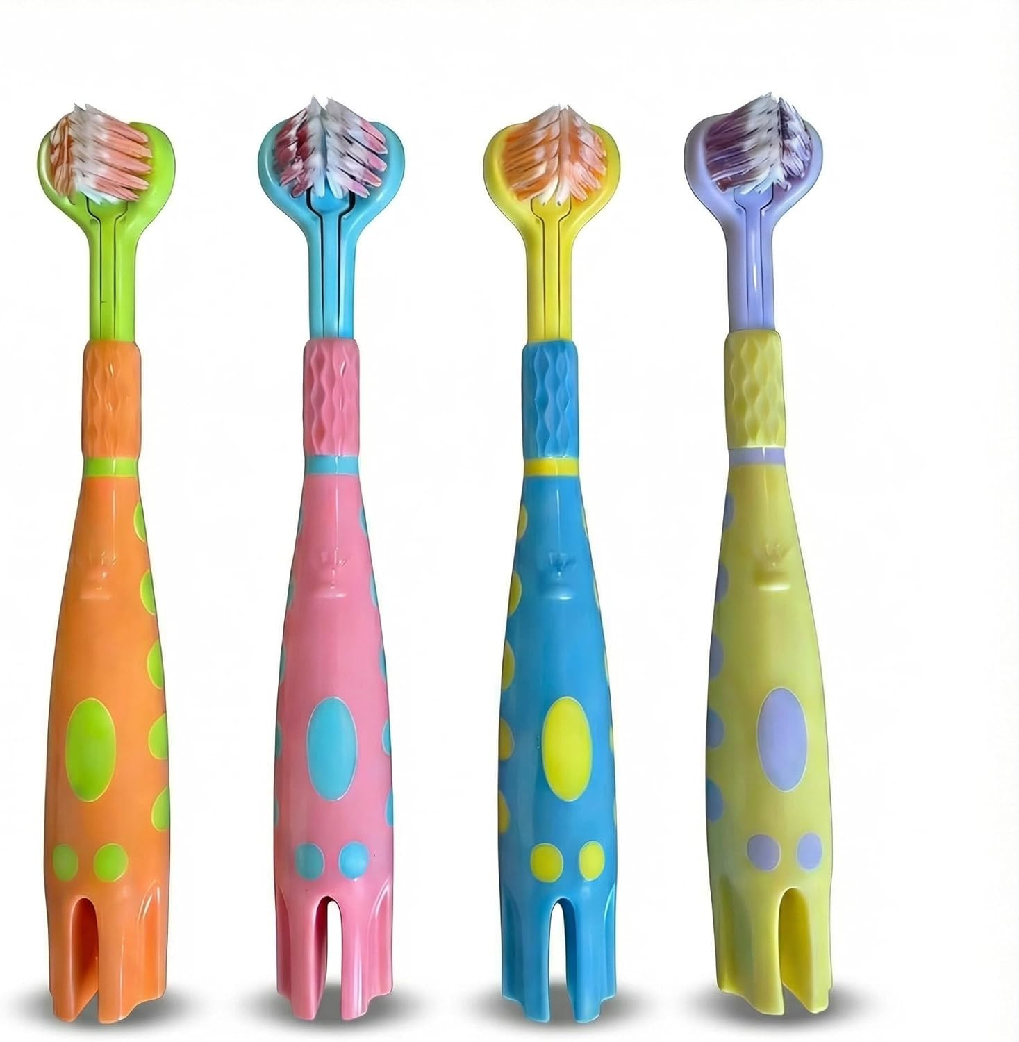 Lnncdsc 3-sided toddler toothbrush 4 pack front view showing ultra soft bristles.
