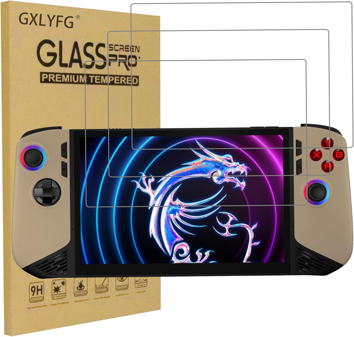 GXLYFG tempered glass screen protector pack front view for handheld gaming console protection