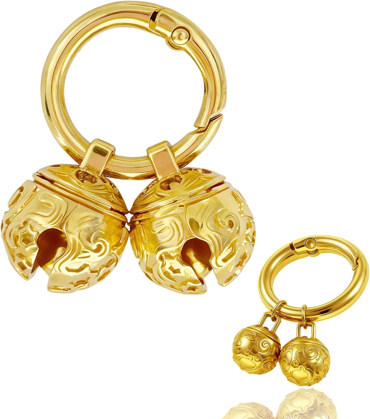 Morn Light gold plated brass dog bells for collar front view on pet accessory pack