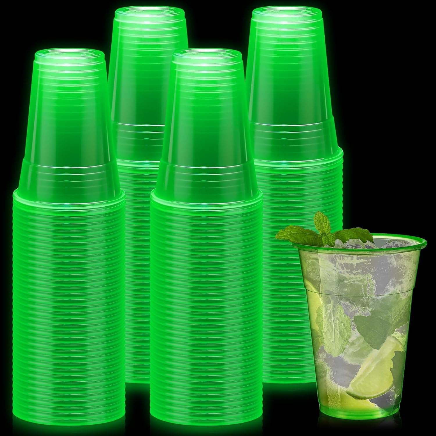 LemonRoad 50 Pack Blacklight Party Glow Cups front view for events.