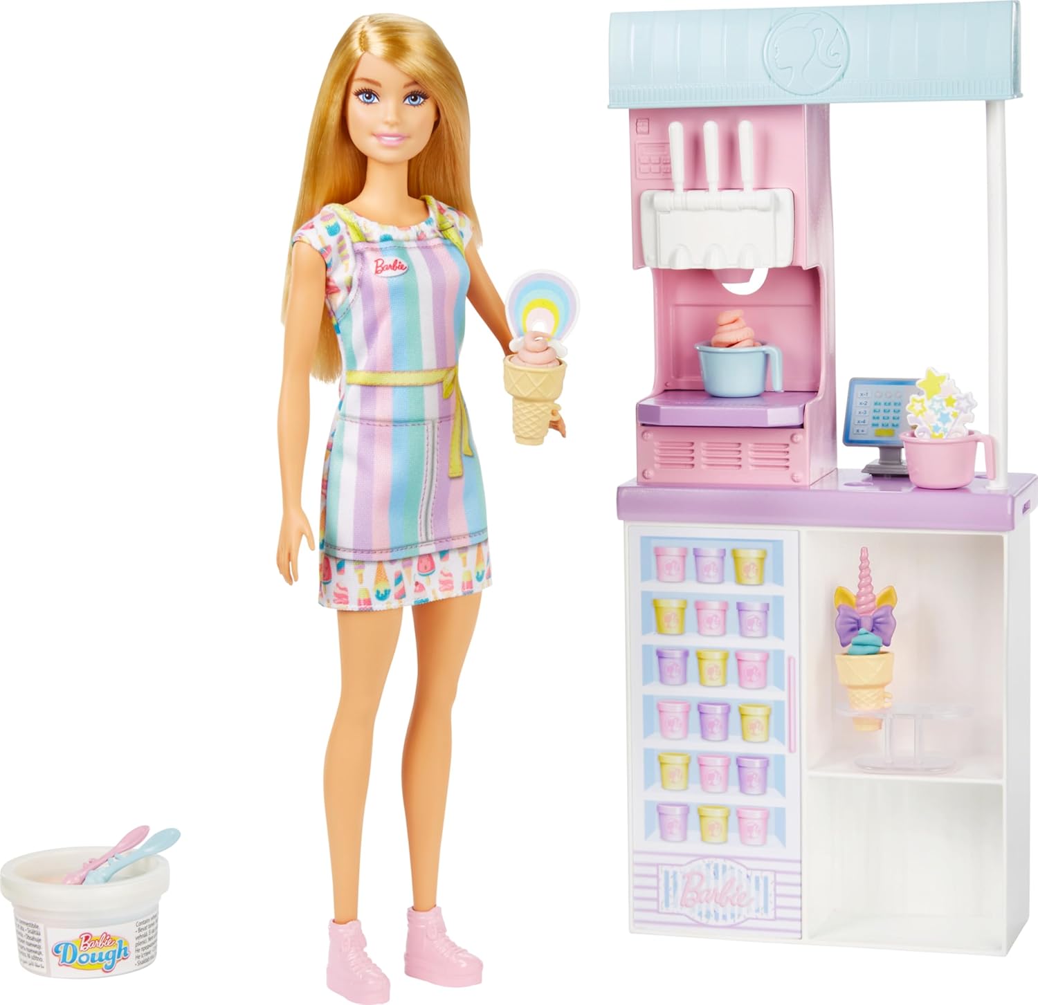 Barbie Careers Ice Cream Shop Playset featuring blonde doll and counter station front view