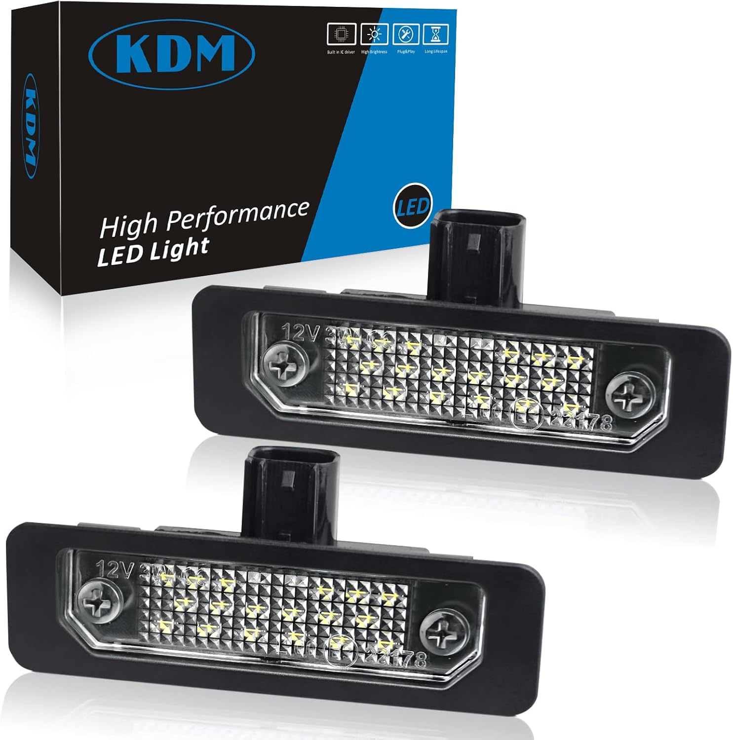 KDM LED license plate light assembly front view