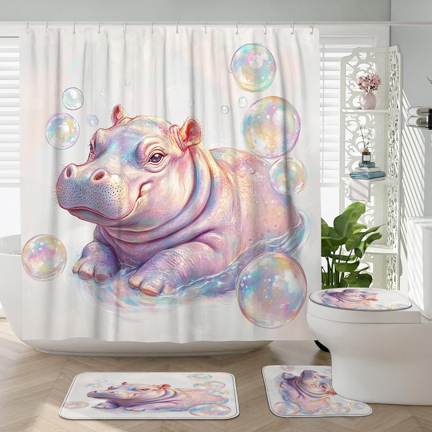 Generic funny cute hippo shower curtain set front view