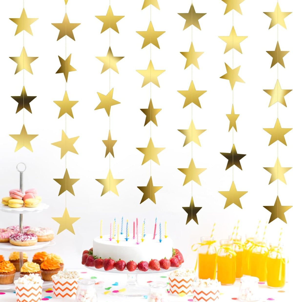 ChicQuench Glitter Gold Star Garland front view hanging backdrop for birthday parties