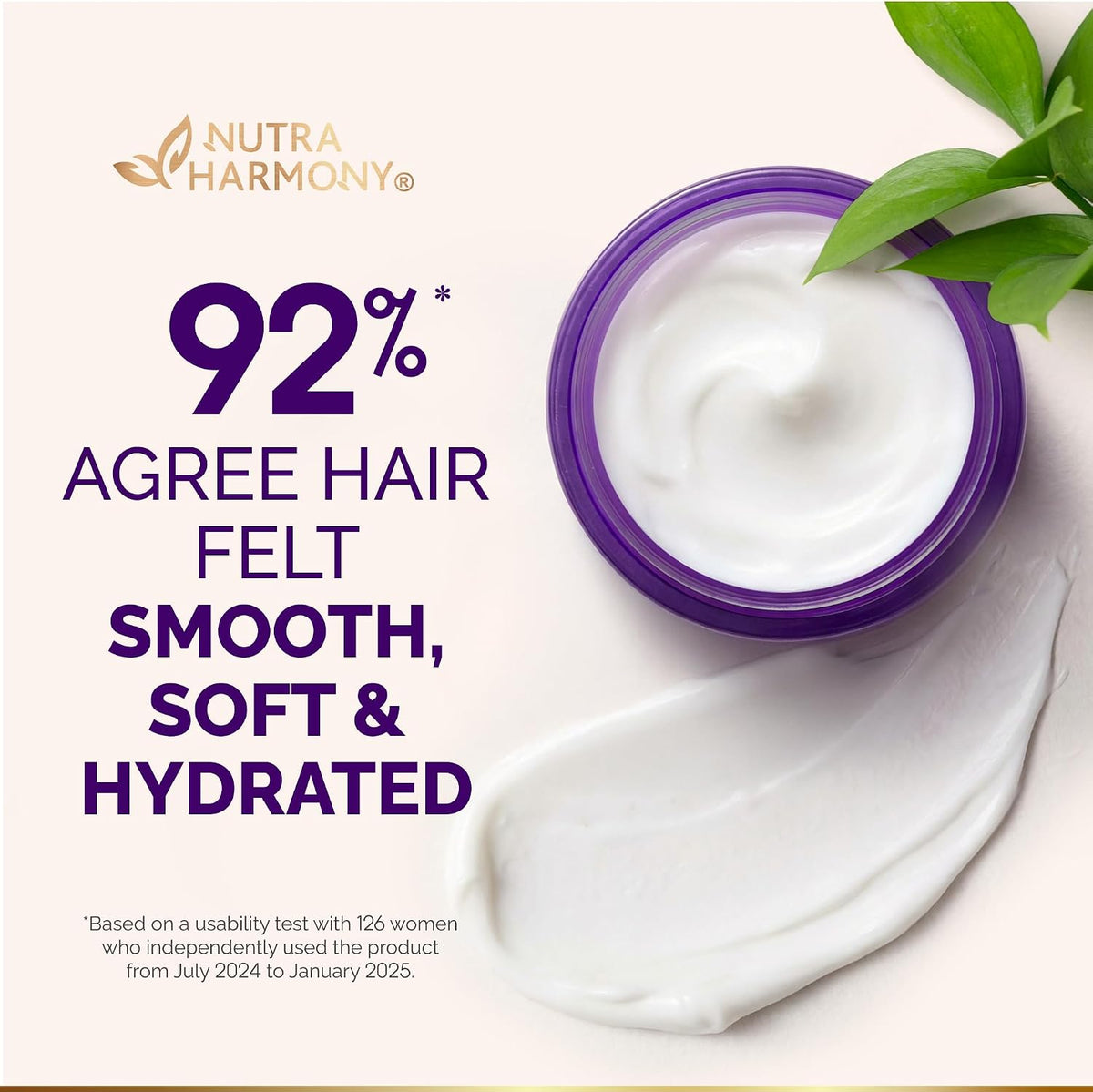 Nutraharmony hair mask jar displaying key ingredients and product details