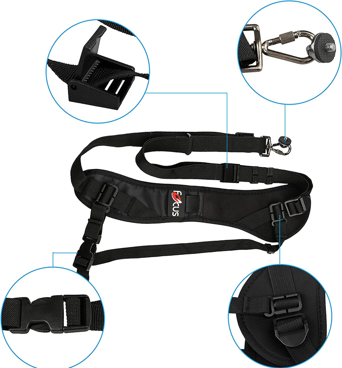 Close up of metal tripod mount screw and quick release buckle