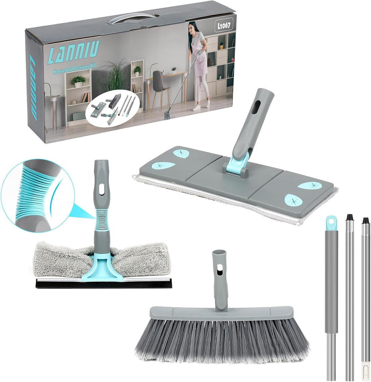 LANNIU 3-in-1 Detachable Broom and Mop Set front view showing interchangeable heads.
