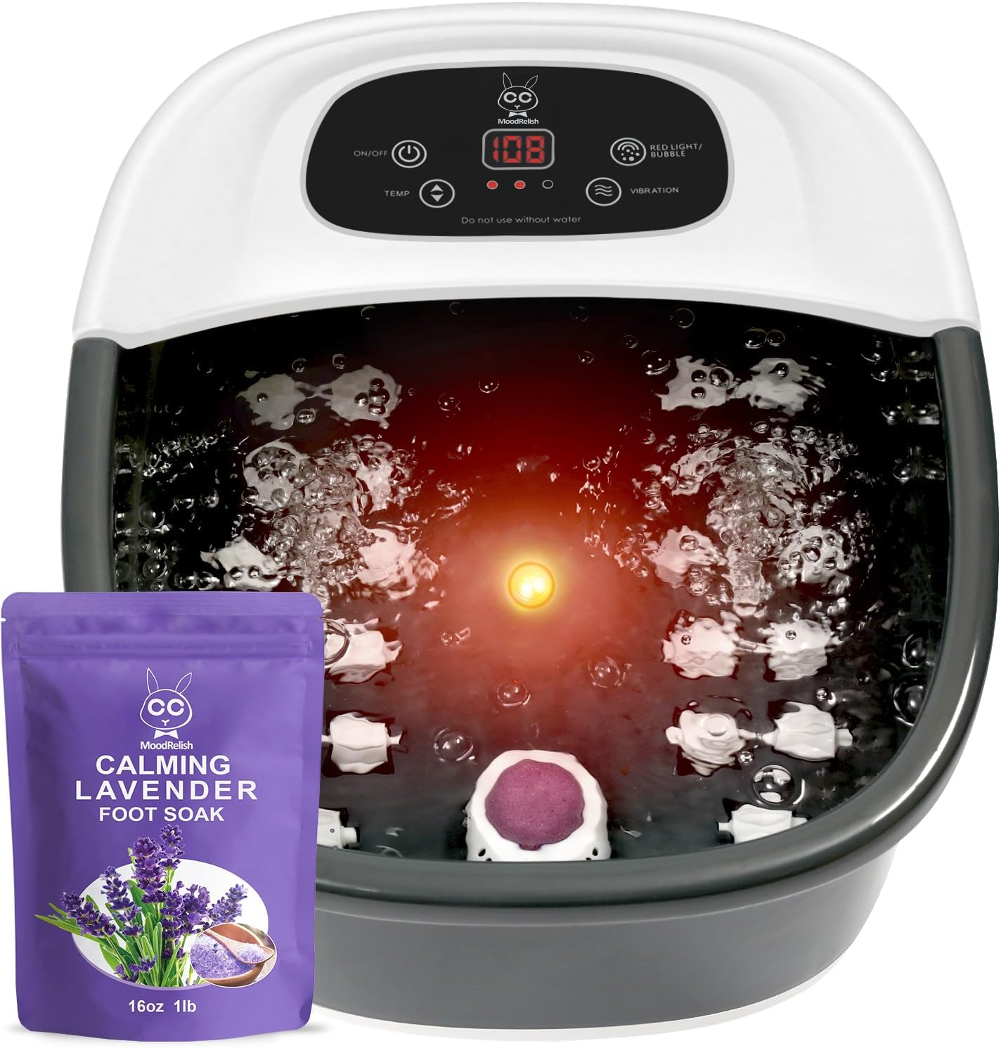 Foot Spa Bath Massager with Heat Bubbles and Vibration Massage and Jets, 16 OZ Calming Lavender Foot Soak Epsom Salt, MoodRelish Foot Soaker with Red Light, 22 Massage Rollers, Adjustable Temp - Black - Image 1