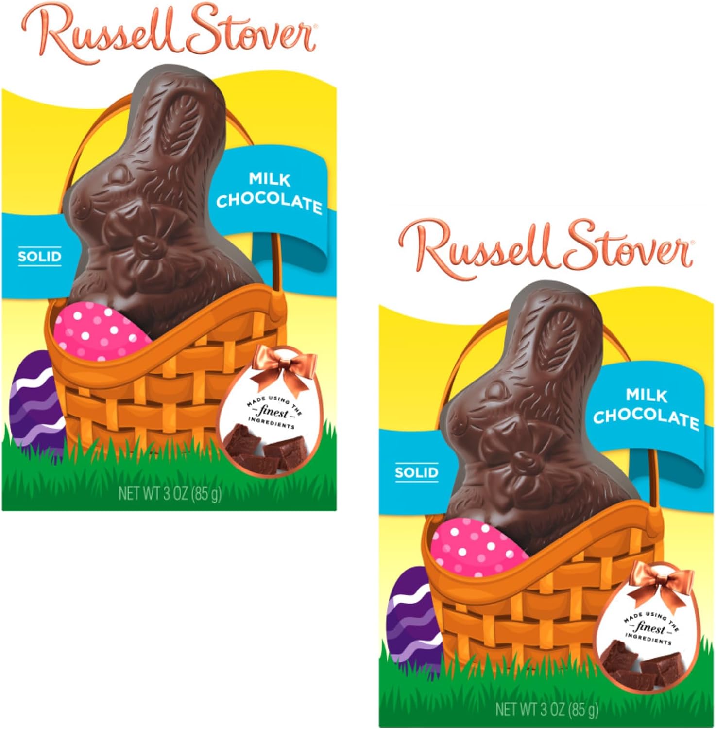 Russell Stover Milk Chocolate Bunnies Pack of 2 front view showing authentic holiday packaging.