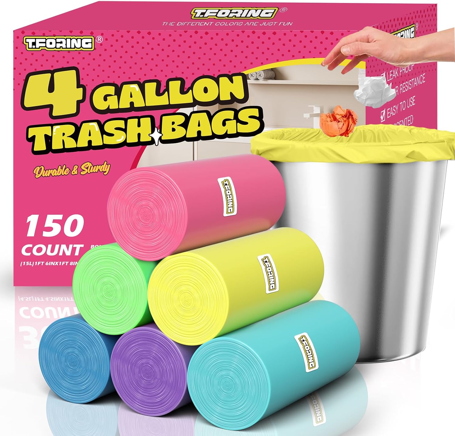 T.FORING small bathroom trash bags 150 count front view packaging