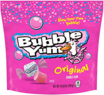 Individually wrapped pieces of BUBBLE YUM pink bubble gum spilling out of the 10.58 Ounce bag.