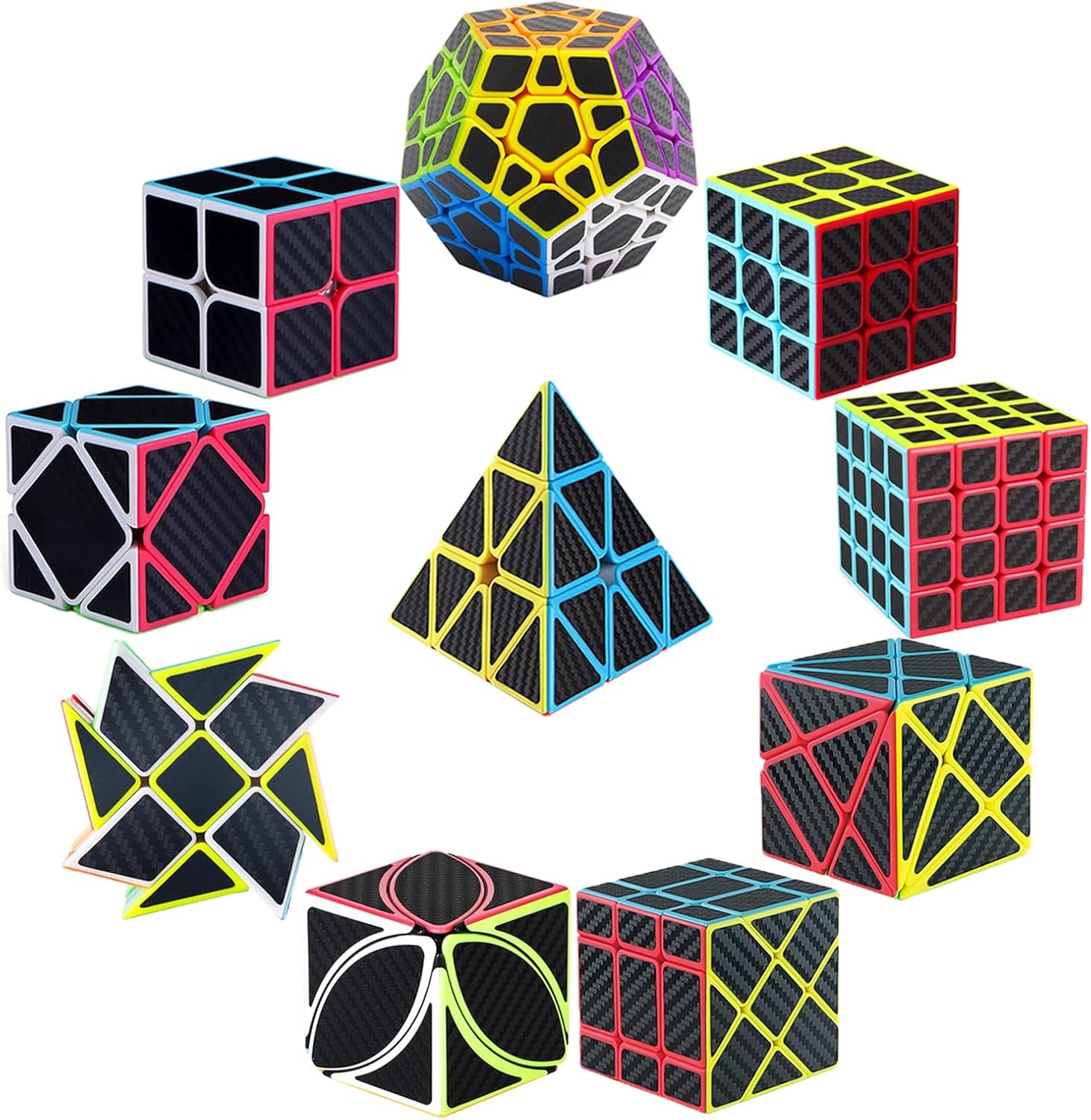 Roxenda Carbon Fiber Speed Cube Set ten piece bundle front view displaying various geometric puzzles.