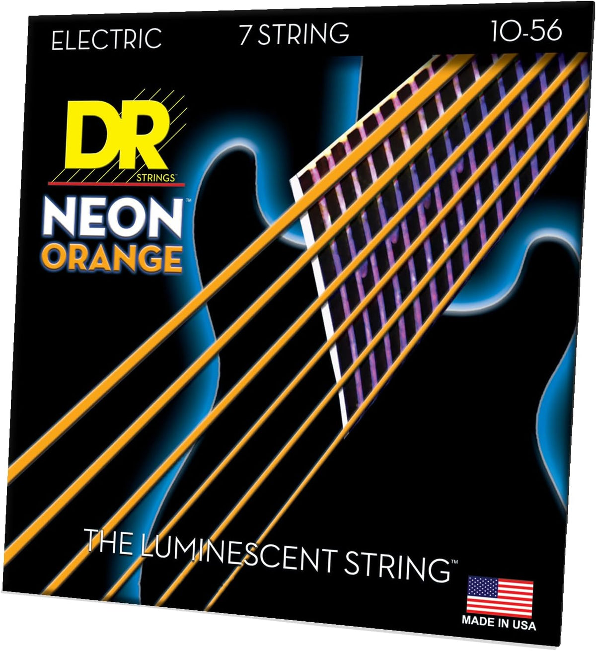 Close up of neon green coated electric guitar strings on a fretboard