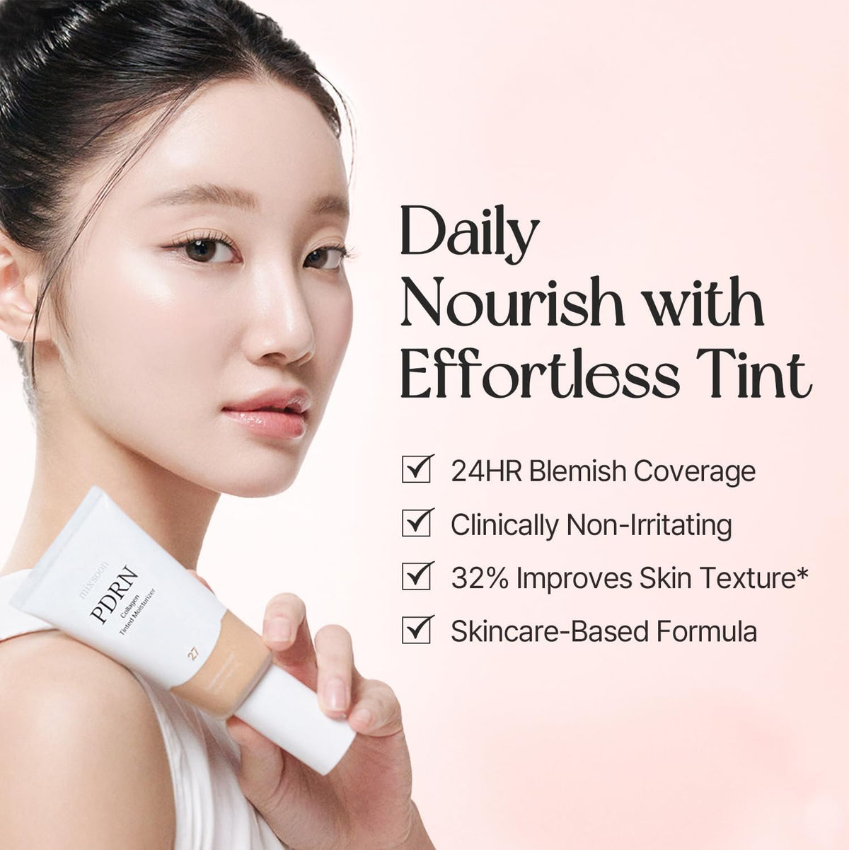 Model showing radiant glow after using Mixsoon PDRN tinted moisturizer