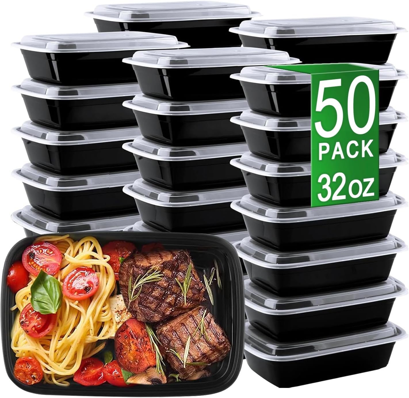 Dealusy Meal Prep Containers 50 Pack front view showing stacked black plastic storage boxes.