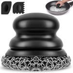 Onewly cast iron chainmail scrubber front view featuring the black silicone handle and stainless steel mesh rings.