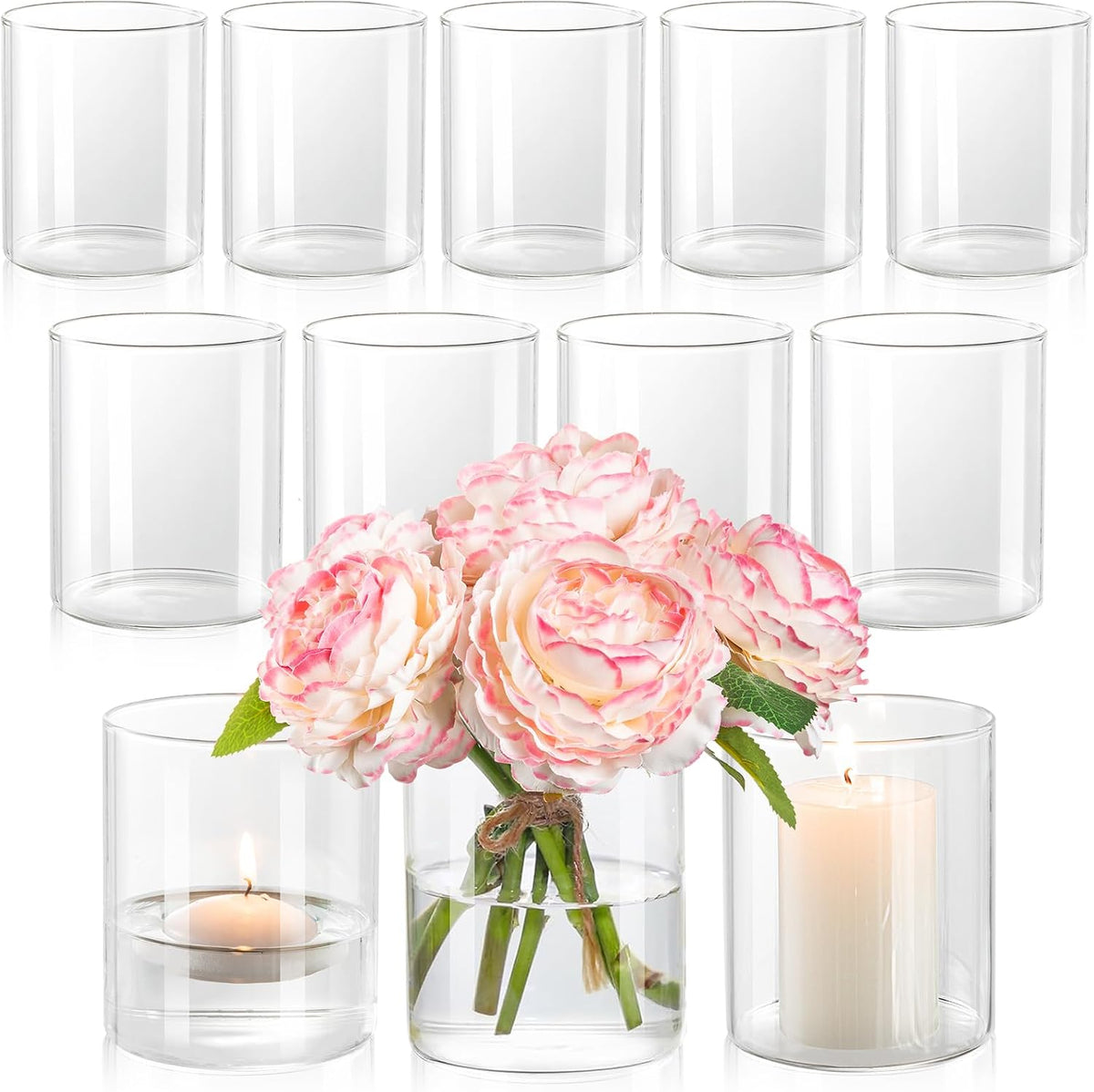 DYMFADFB 12pcs glass cylinder vases front view showing transparent design