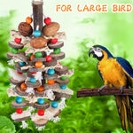 Close up view of apple wood blocks and nuts on the parrot chewing toy