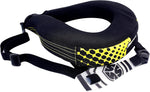 Scoyco motorcycle neck protector black front view showcasing the ergonomic design and snap closure belt