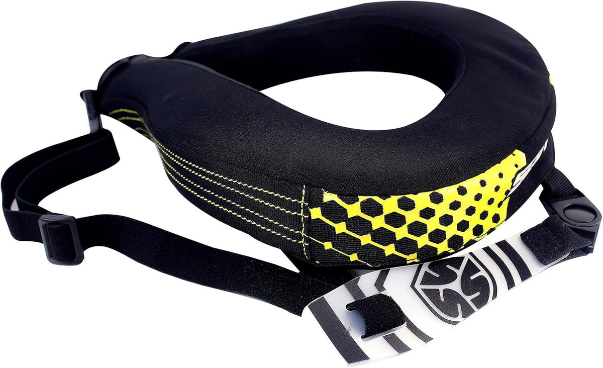 Scoyco motorcycle neck protector black front view showcasing the ergonomic design and snap closure belt