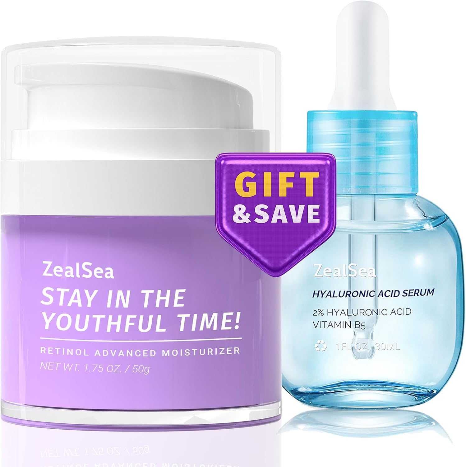 ZealSea Hydration Boost and Renewal Set front packaging view including anti aging serum and retinol moisturizer cream