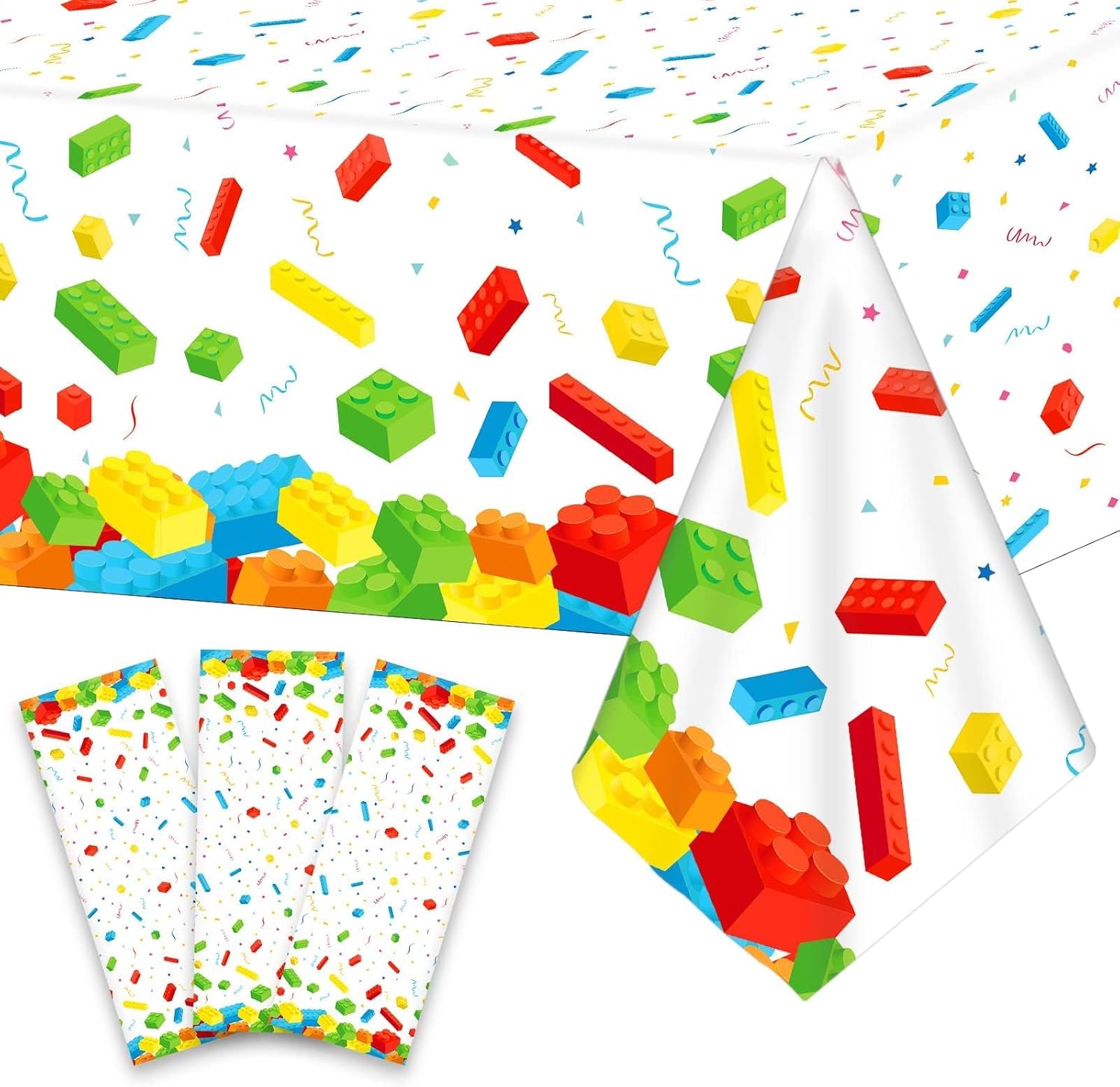 Chiazllta building blocks party tablecloth front view showcasing colorful brick patterns on white plastic