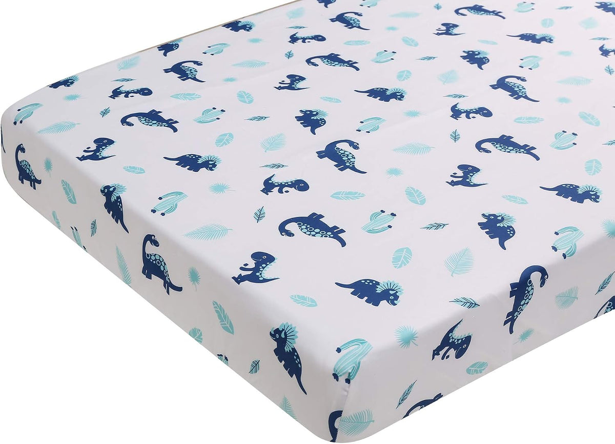 CribMATE t-rex dinosaur toddler mattress sheet spread flat displaying full pattern