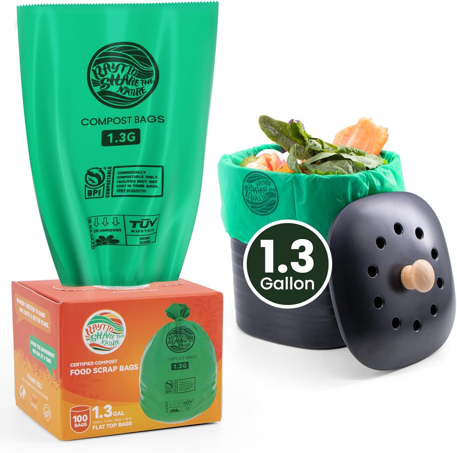 RAYTID compostable bags 1.3 gallon 100 count front view premium eco friendly kitchen trash liners