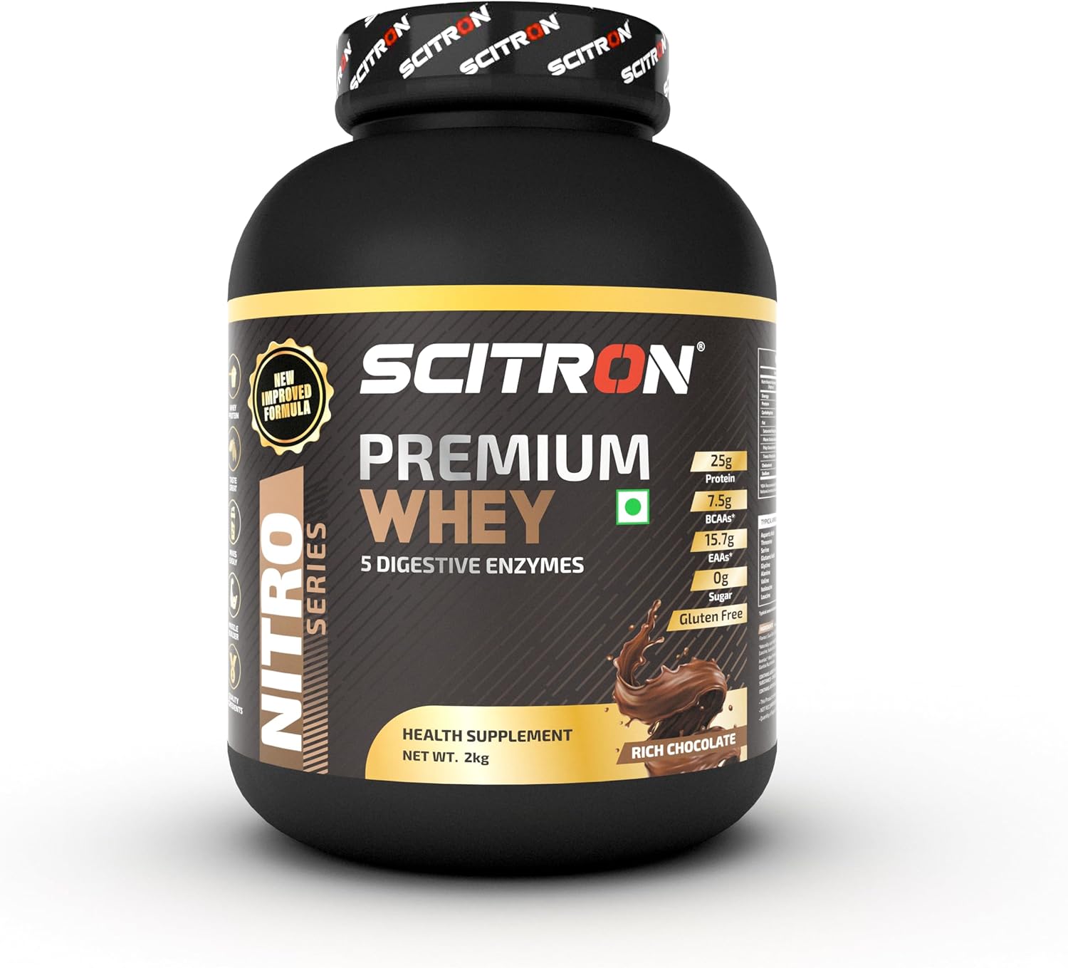 SCITRON Nitro Series Premium Whey 2Kg Rich Chocolate (25g Protein, 9.5g BCAAs, 15.7g EAAs, 0g Sugar) - Image 1