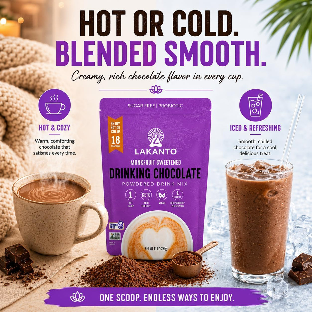 Glass of cold chocolate drink made with Lakanto cocoa mix