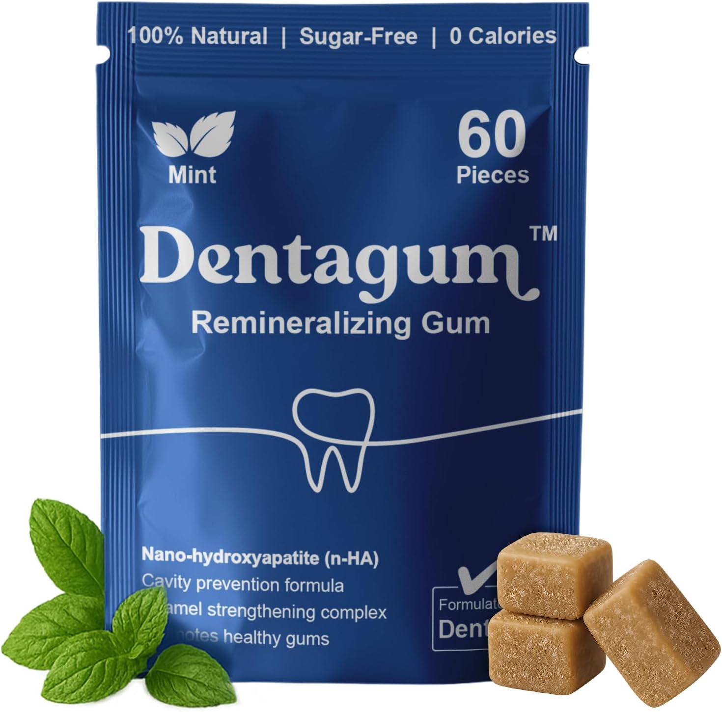 Dentagum Remineralizing Gum 60 pieces front view package showcasing nano-hydroxyapatite and xylitol benefits.