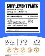 BulkSupplements 240 count fish oil softgel supplement facts label