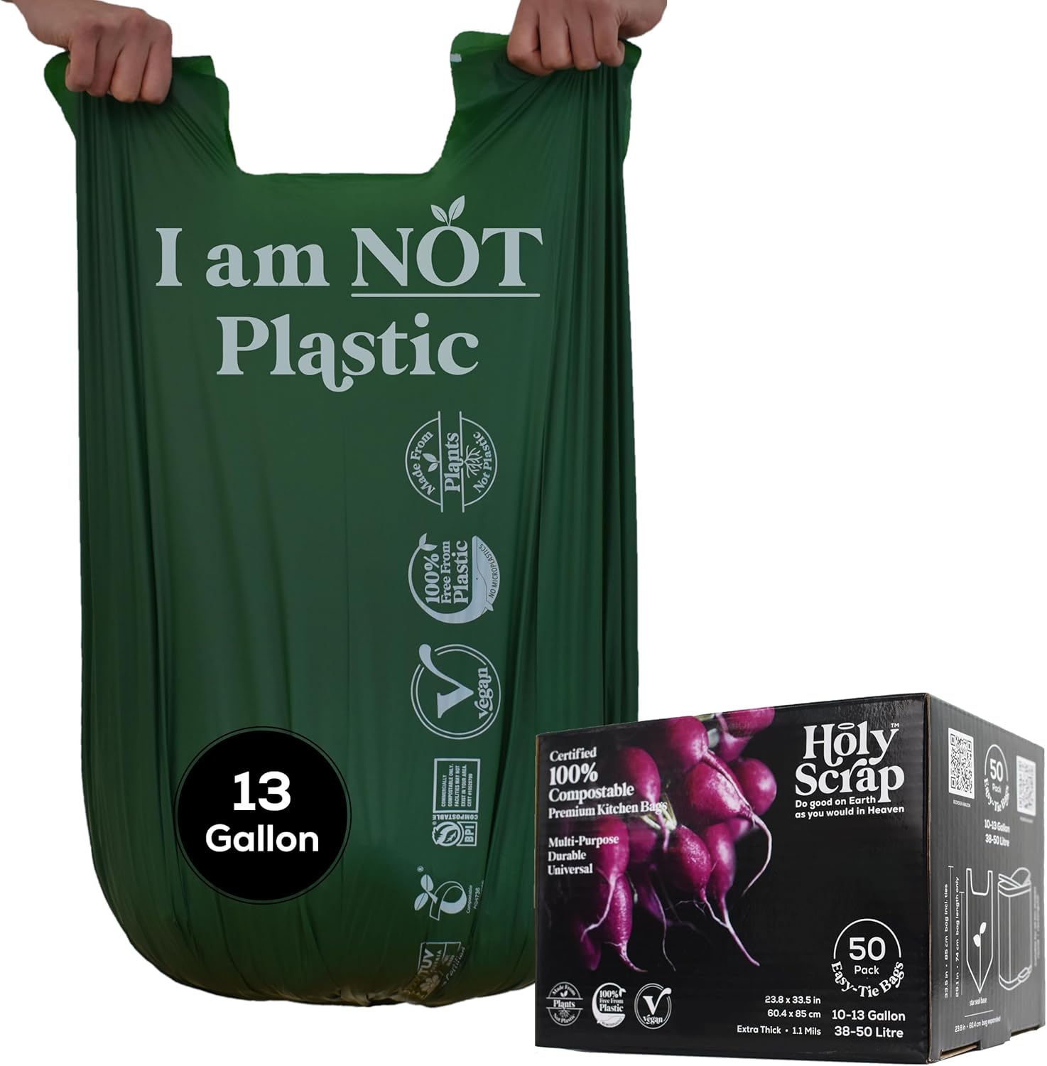 HOLY SCRAP! 13 Gallon Compostable Trash Bags 50 Count pack front view for eco-friendly kitchen waste.