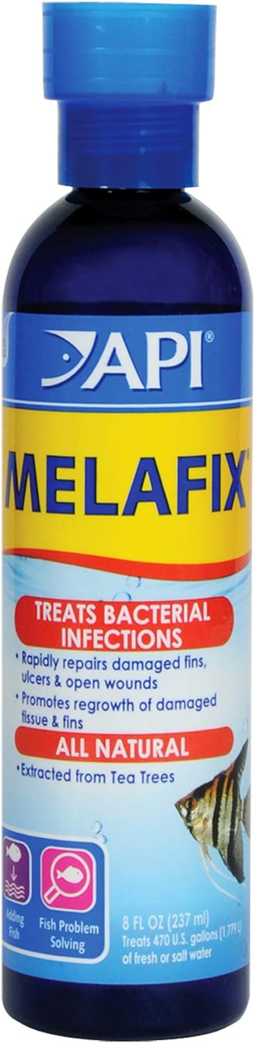 API Melafix bottle displayed with aquarium water treatment context