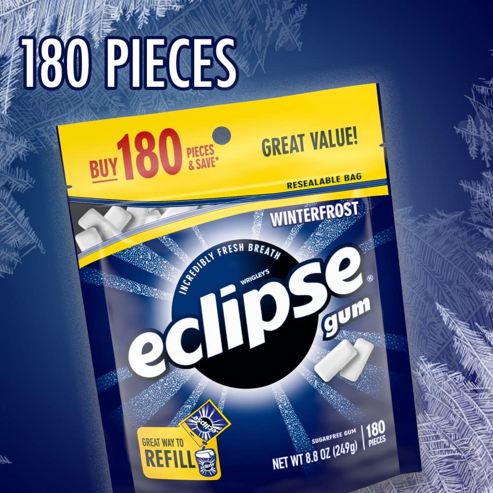 Close up of the one hundred eighty pieces of Eclipse Winterfrost pellet chewing gum