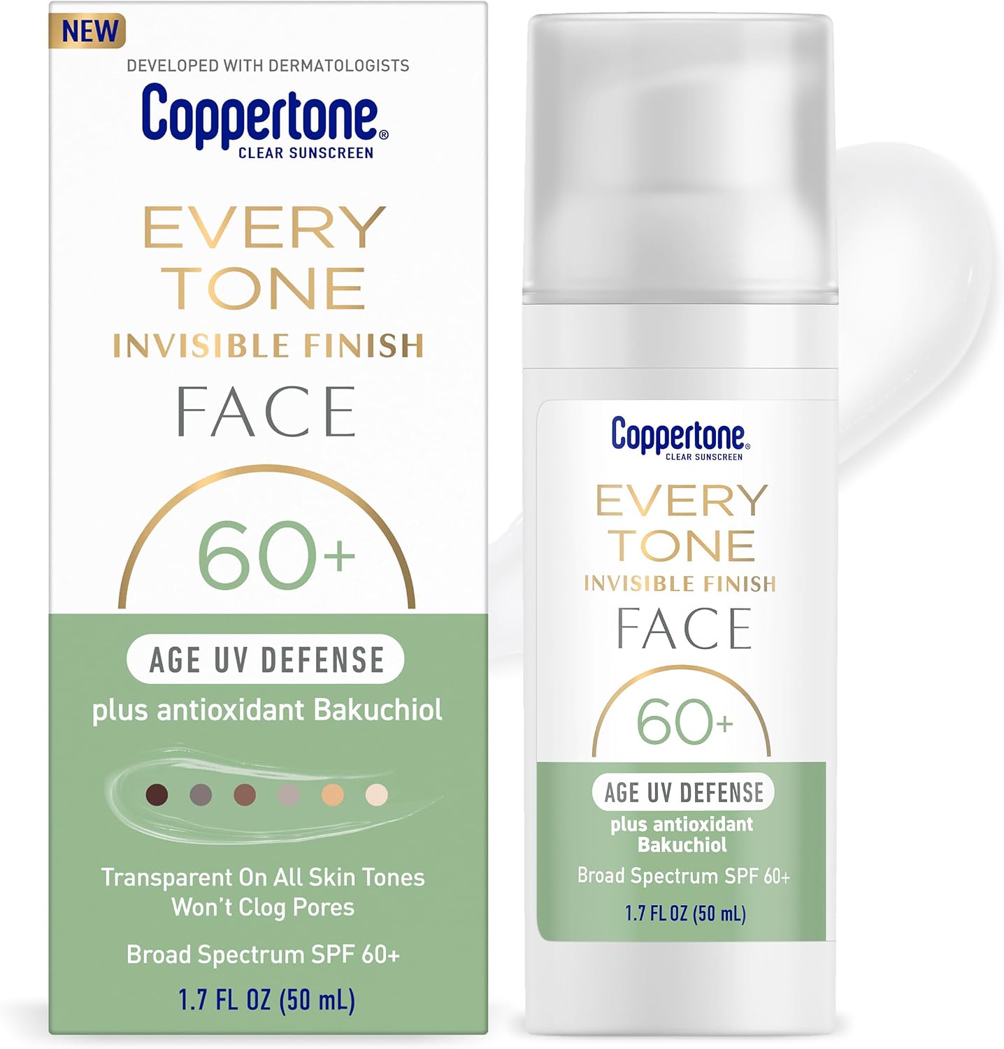 Coppertone Every Tone Invisible Finish Age UV Defense Face Sunscreen SPF 60+ pump bottle front view authentic import