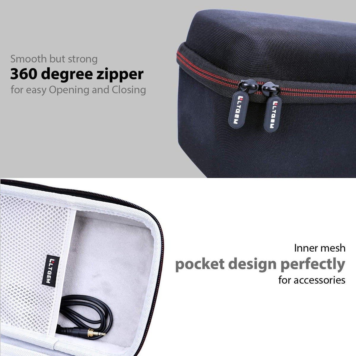 L LTGEM travel storage bag displaying inner mesh pocket for accessory cables