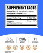 Pure magnesium citrate powder nutritional facts label with serving size details.