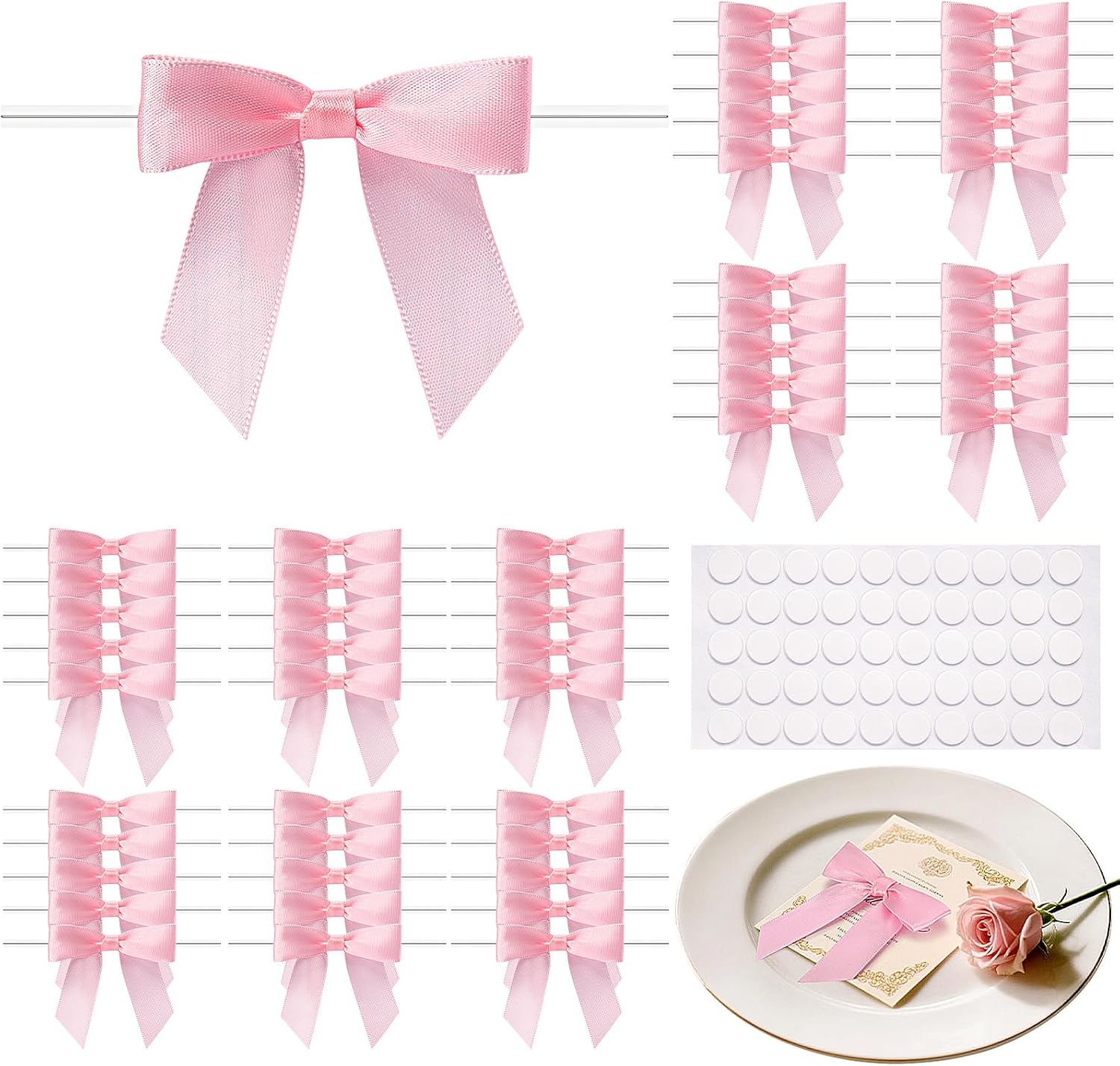 Rainbow Pana pink satin twist tie bows fifty count pack front view showcasing shiny satin fabric loop design