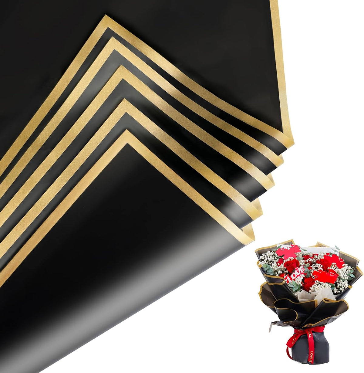 Duyasurs floral wrapping paper front view showcasing twenty waterproof sheets in premium black color with an elegant gold border.